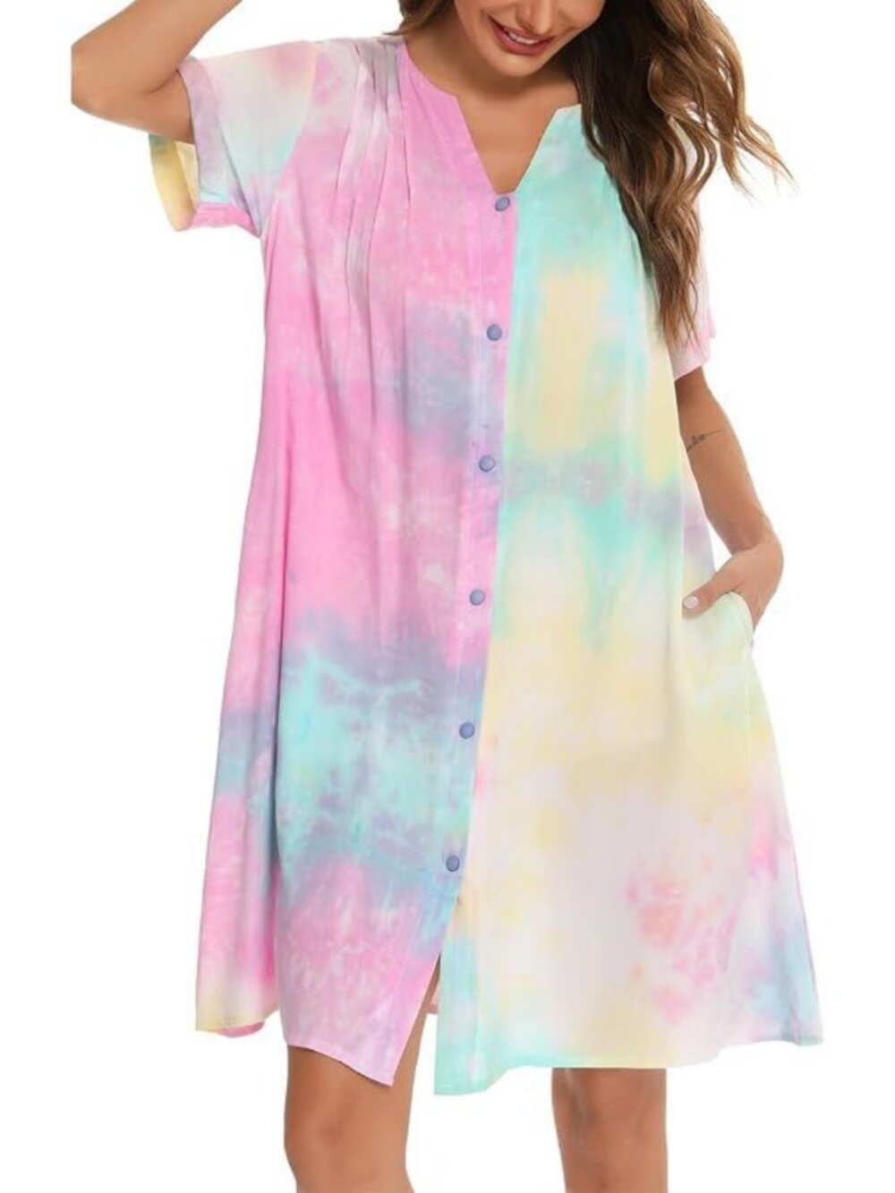 Women Cotton House Dress Striped Short Sleeve Duster Robe Button Front Nightgown